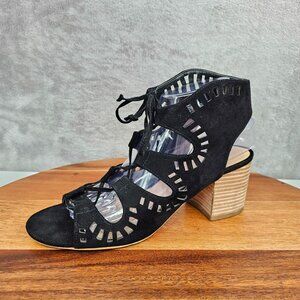 BP Decker Lace Up Sandals 8.5 M Black Faux Suede Laser Cut Open Toe Stacked Heel